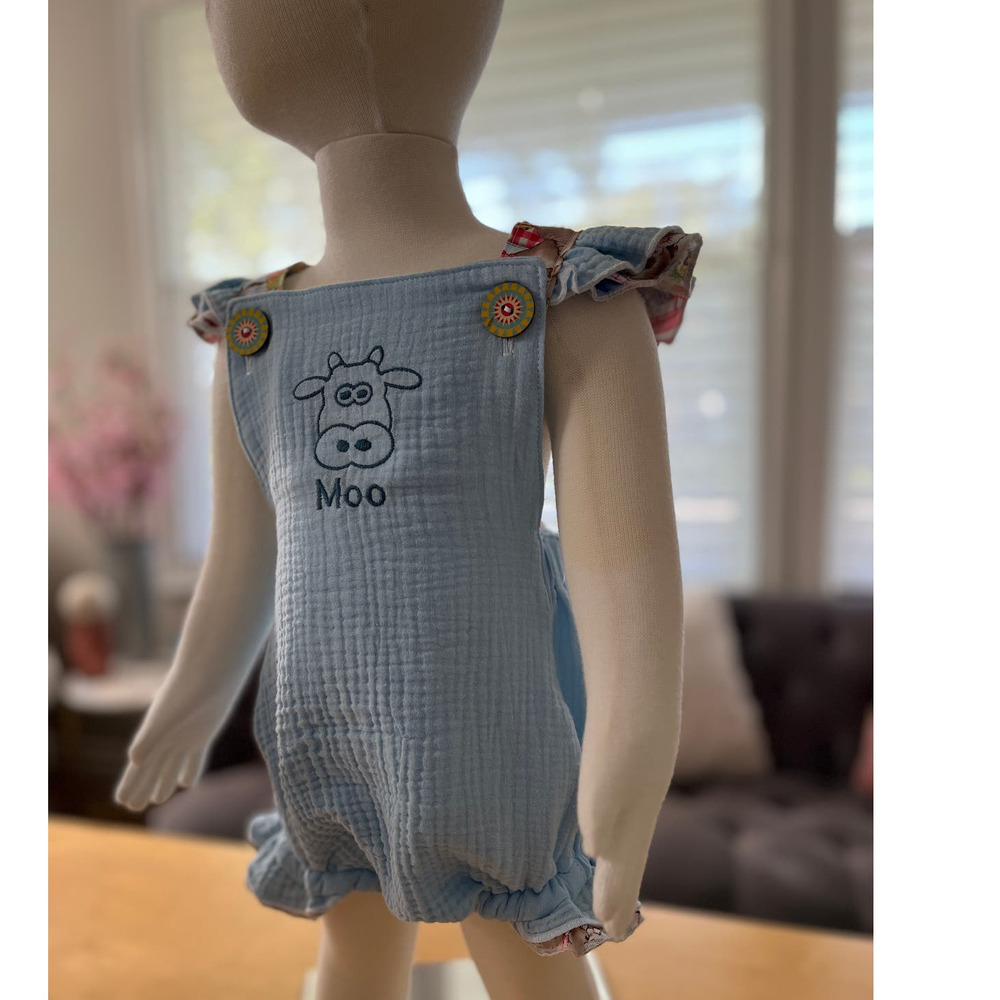 Baby Blue Baby Romper Linen Romper Toddler Bubble Romper with ruffles size 12mo